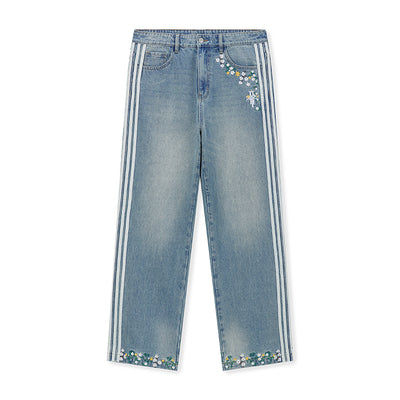 DICETINY Side Striped Floral Embroidered Washed Jeans | Face 3 Face