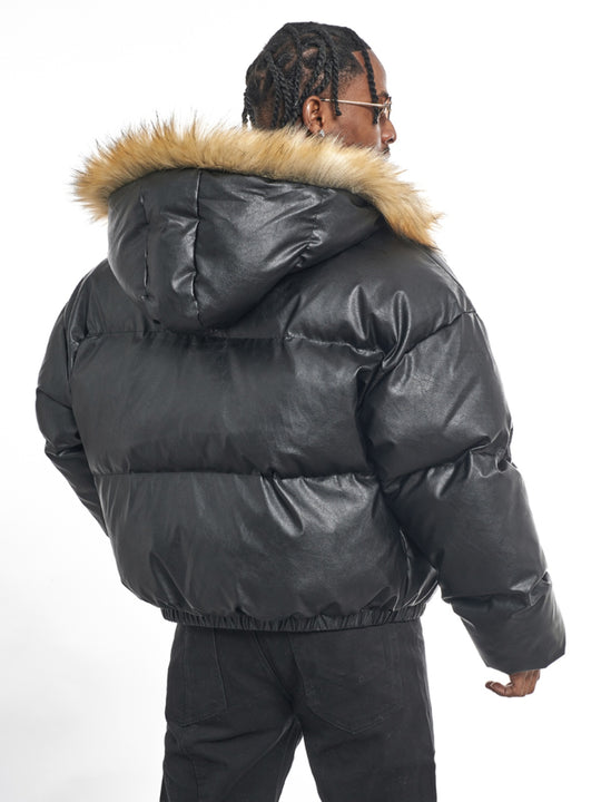 F3F Select Fur Hooded Removable PU Leather Puffer Jacket | Face 3 Face