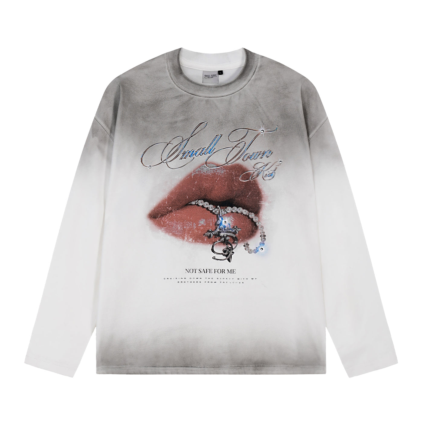 Small Town Kid Dirty Wash Flash Diamond Lips Long Sleeve Tee | Face 3 Face