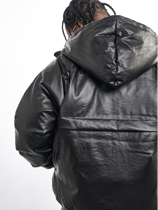 F3F Select Windproof Hooded PU Leather Puffer Bomber Jacket | Face 3 Face