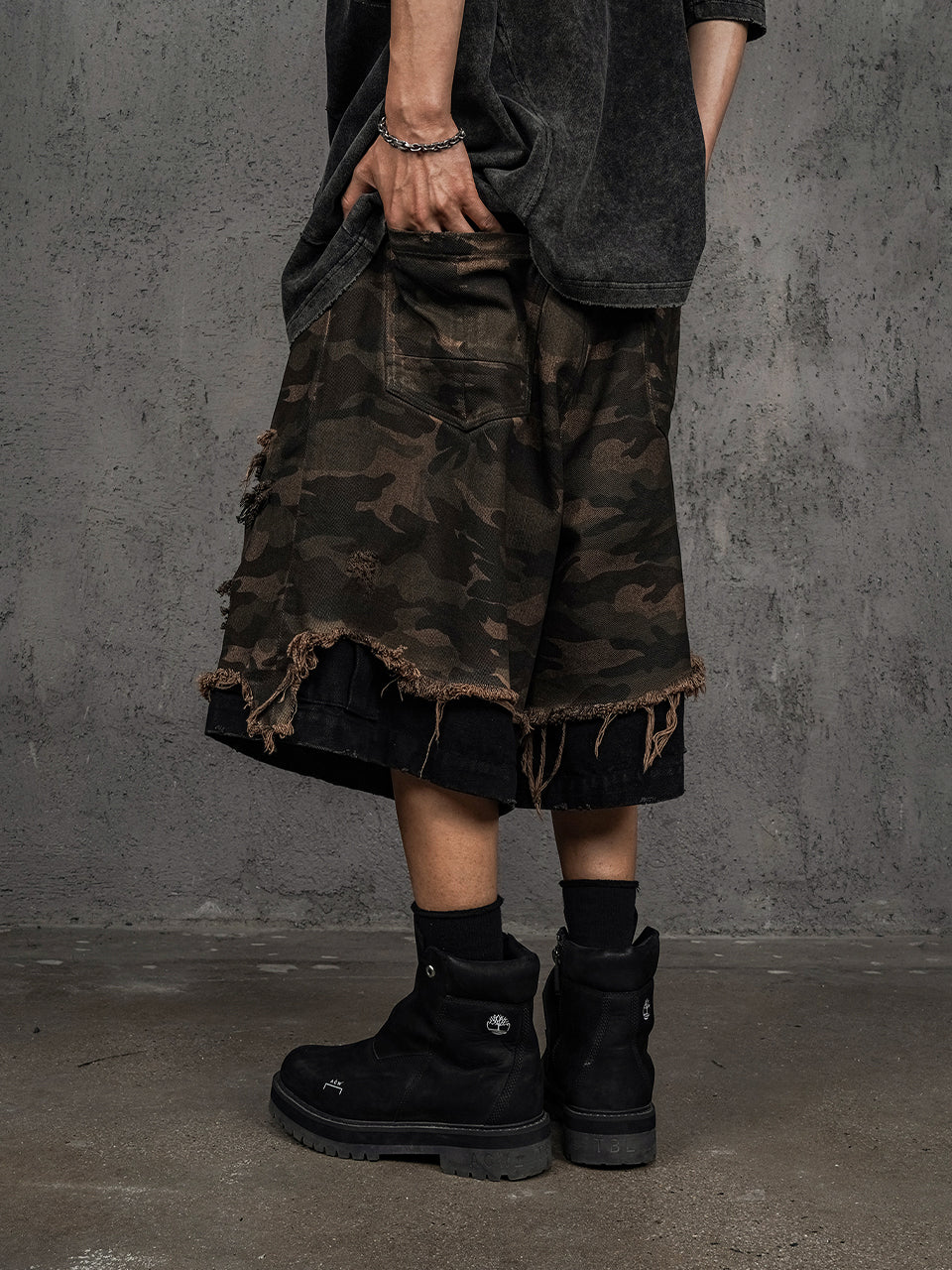 UNDERWATER Double Layer Damage Camo Cargo Denim Shorts | Baggy Jorts | Face 3 Face