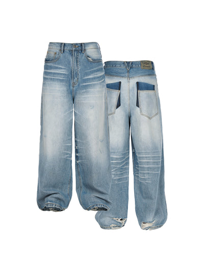 STEEPC Ice Blue Washed Cat Whisker Scratches Baggy Jeans | Face 3 Face