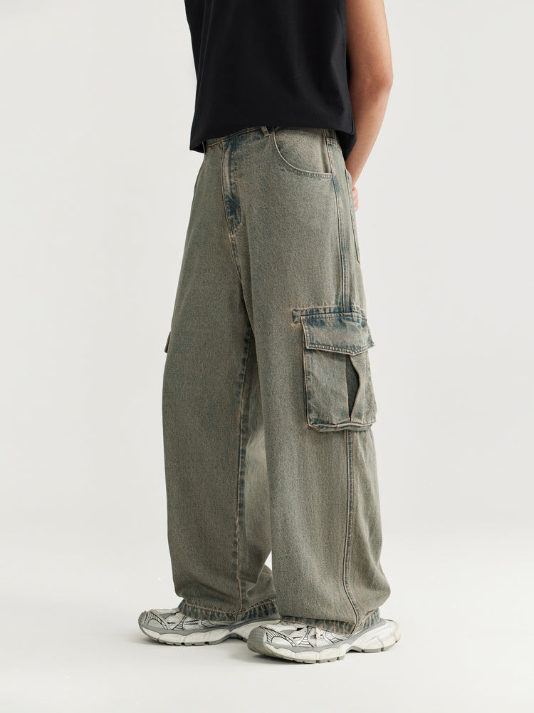 F3F Select Street Washed Old Mud Dyed Large Pockets Work Cargo Jeans