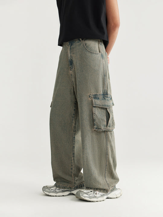 F3F Select Street Washed Old Mud Dyed Large Pockets Work Cargo Jeans