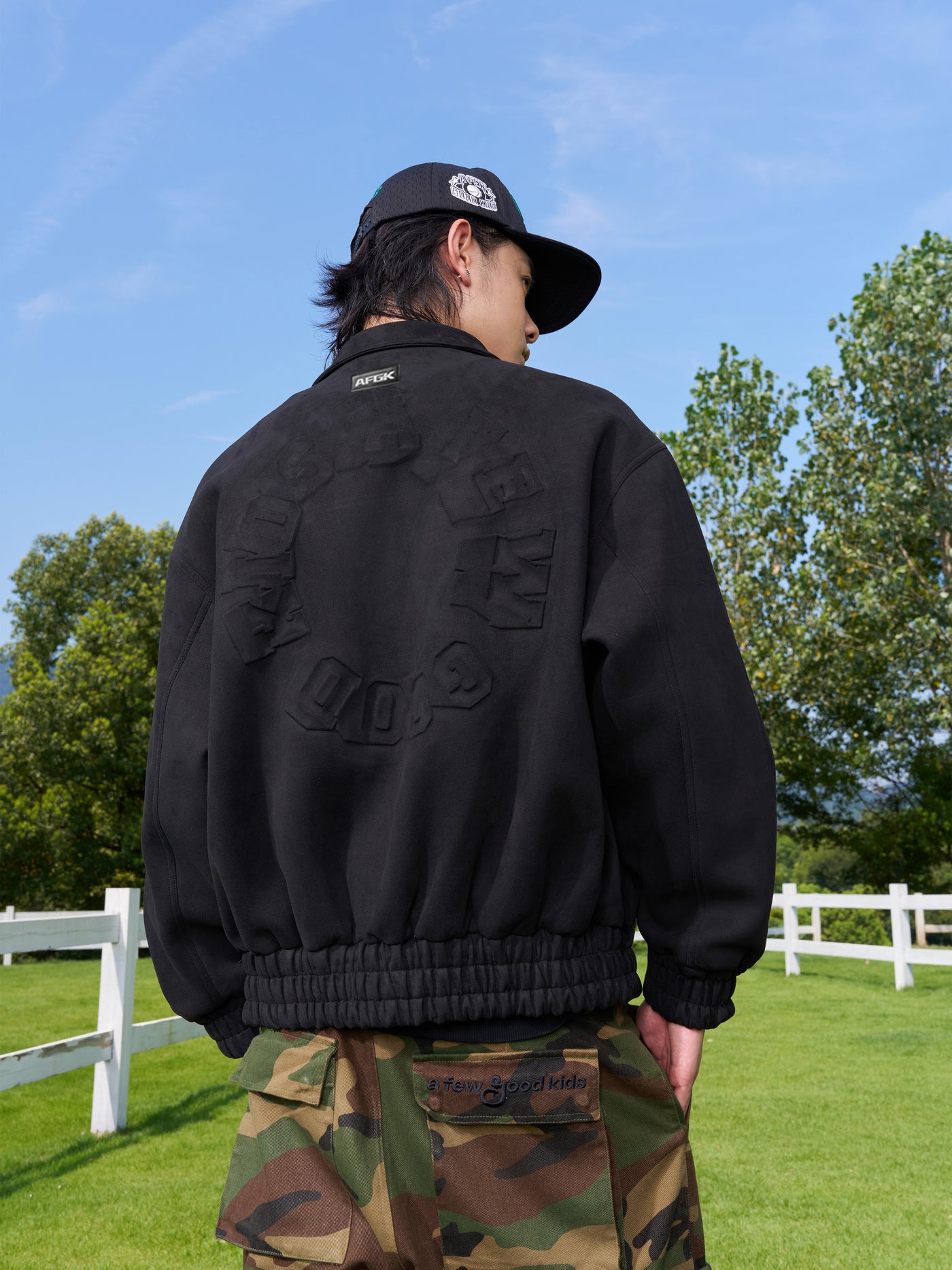 AFGK Steel Printed Suede Baseball Jacket | Face 3 Face