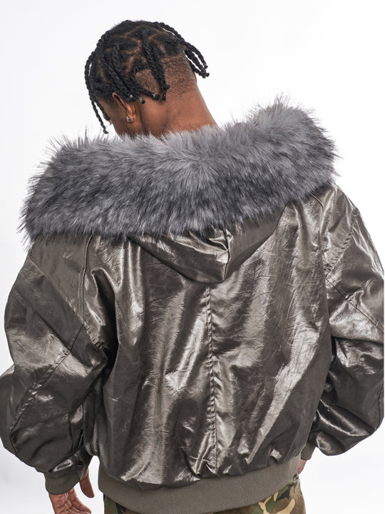 F3F Select Red Velvet Lining PU Leather Fur Hooded Bomber Jacket | Face 3 Face