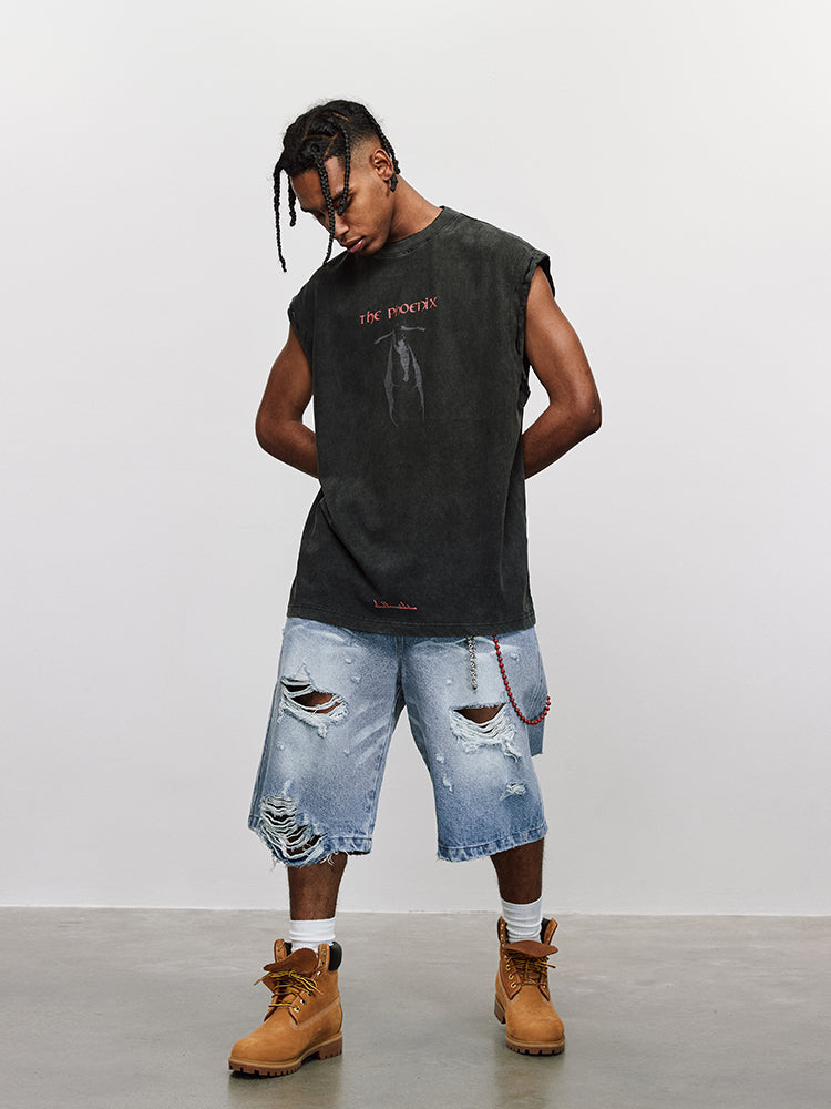 ANTIDOTE Washed Aged Phoenix Print Sleeveless Tee