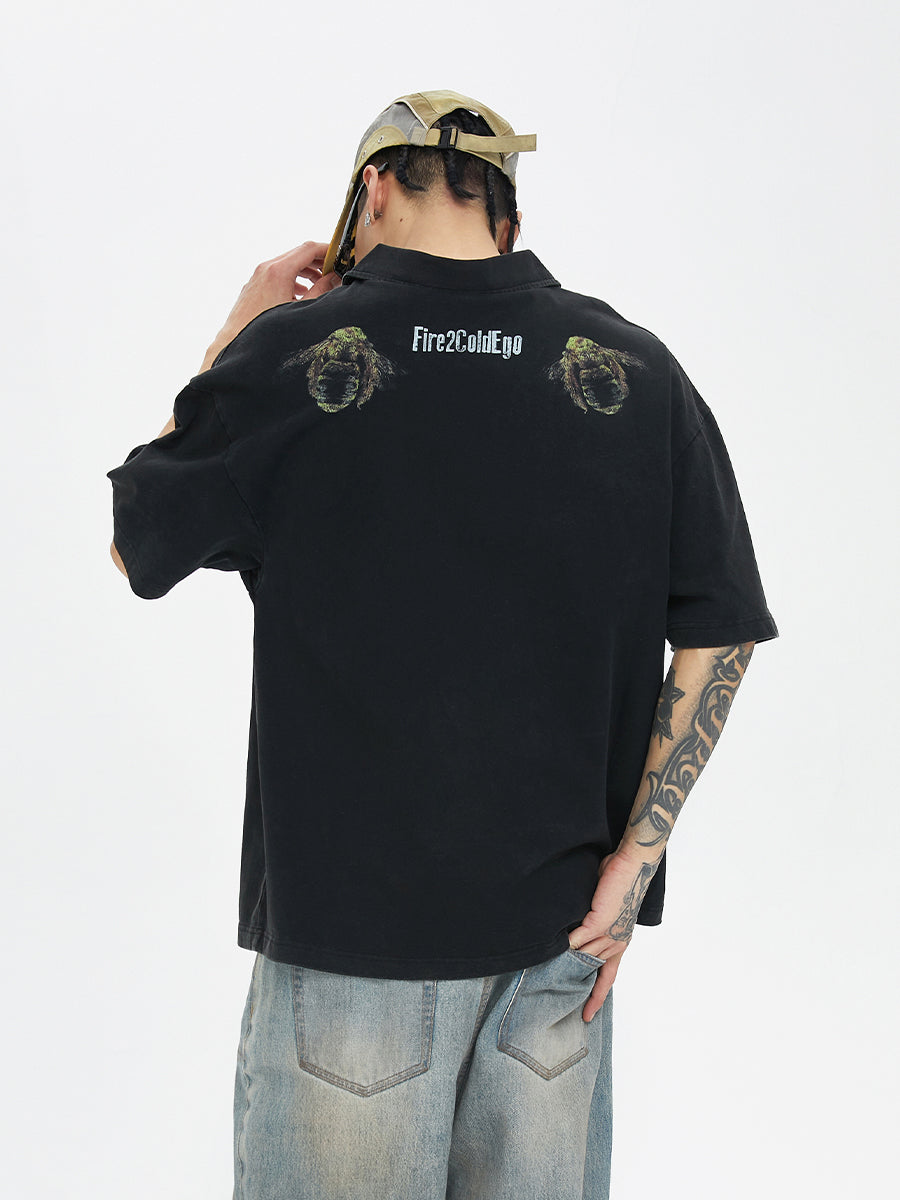 F2CE Washed Distressed Printing Polo Shirt