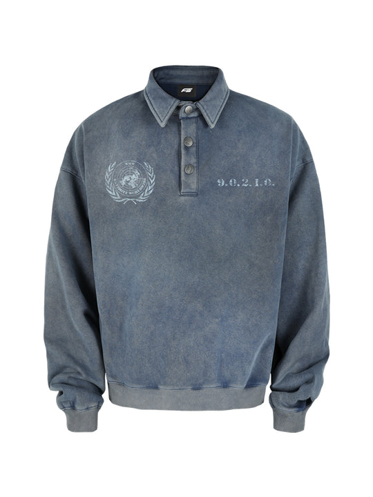 ANTIDOTE Badge Printed Washed Polo Sweatshirt | Face 3 Face