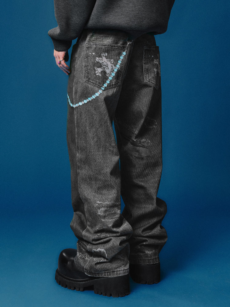 YADcrew Chain Embossed Print Jeans | Face 3 Face