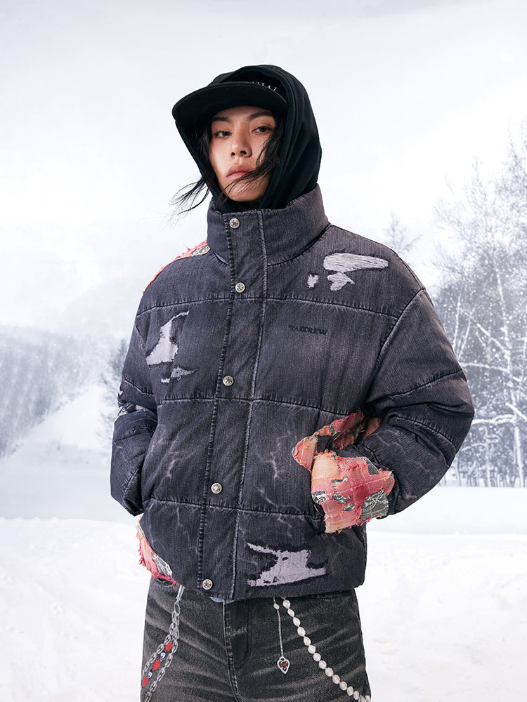 YADcrew Evening Lace Patch 3D Printed Denim Down Jacket | Face 3 Face