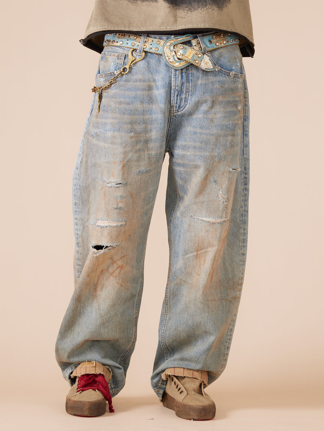 EVILKNIGHT(EK) Customized Rivets Dirty Wash Holes Denim Jeans