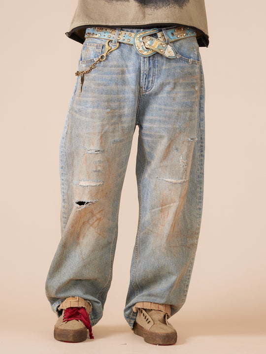 EVILKNIGHT(EK) Customized Rivets Dirty Wash Holes Denim Jeans