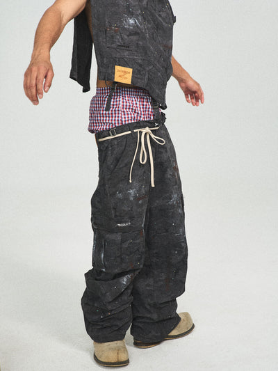 STEEPC Black Camouflage Ink Splattered Baggy Cargo Pants | Face 3 Face