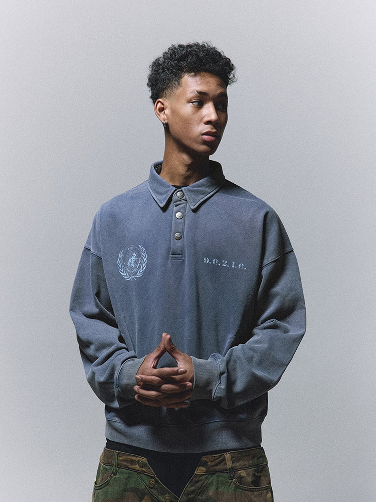 ANTIDOTE Badge Printed Washed Polo Sweatshirt | Face 3 Face