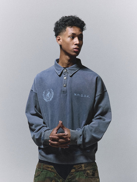 ANTIDOTE Badge Printed Washed Polo Sweatshirt | Face 3 Face