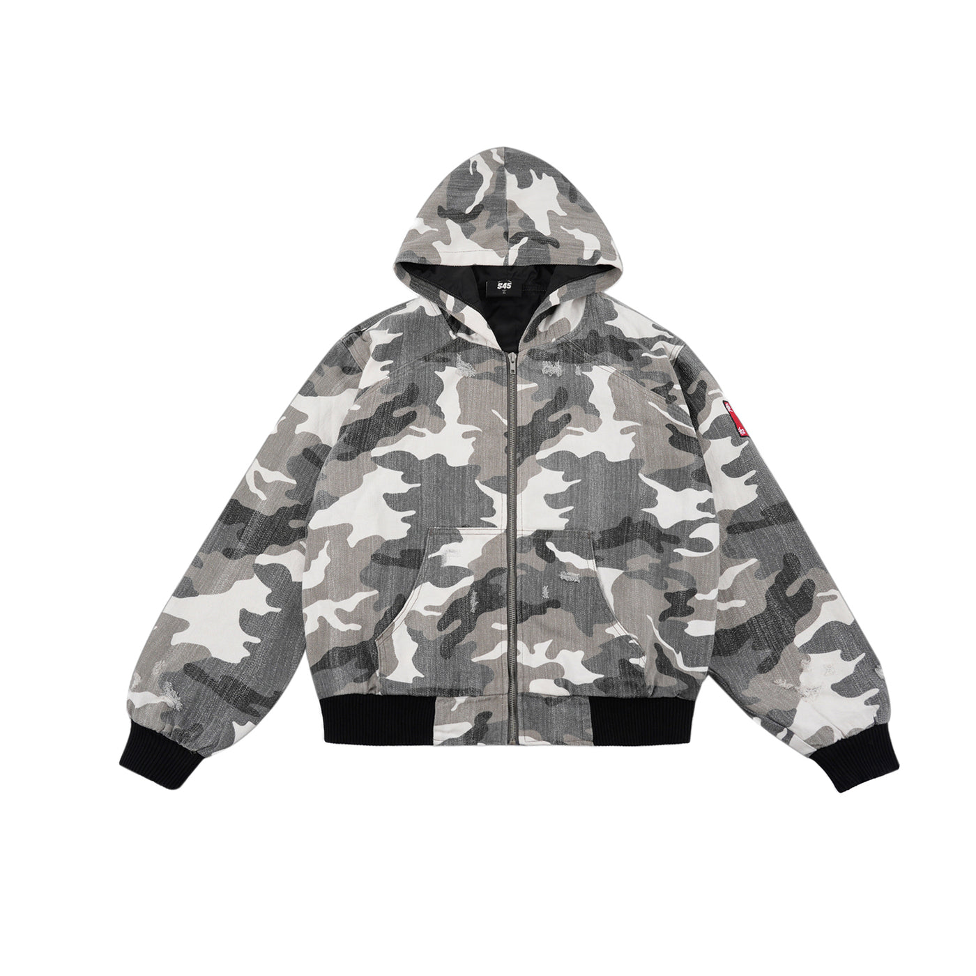 S45 Camouflage Slogan Patch Leather Hooded Jacket | Face 3 Face