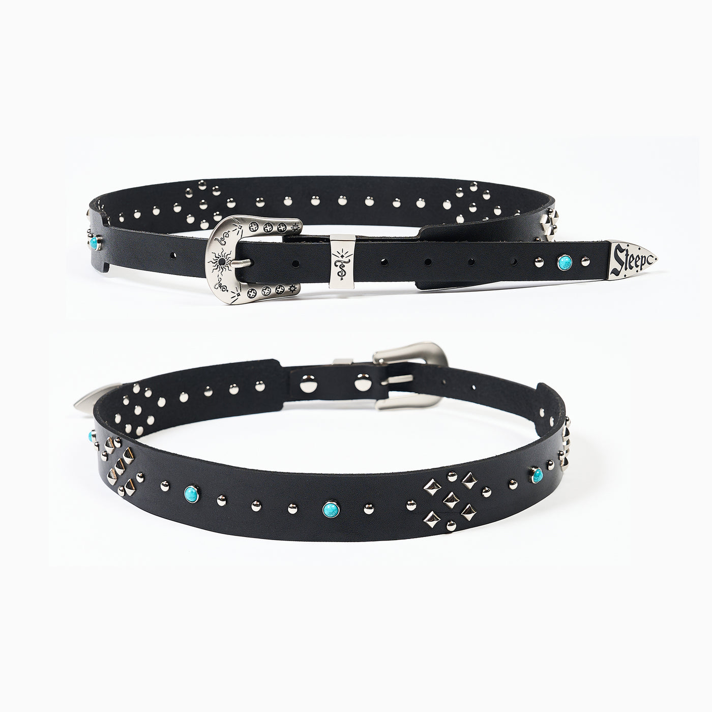 STEEPC Turquoise Studded Tanned Leather Belt | Face 3 Face