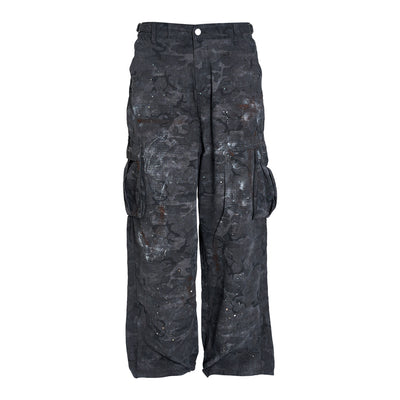 STEEPC Black Camouflage Ink Splattered Baggy Cargo Pants | Face 3 Face