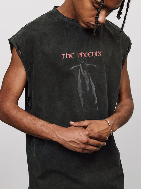 ANTIDOTE Washed Aged Phoenix Print Sleeveless Tee