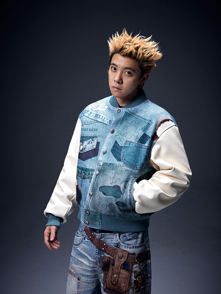 YADcrew Denim Printed Varsity Jacket | Face 3 Face