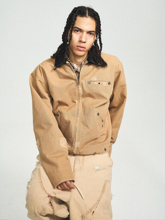 STEEPC Vintage Washed Ripped Studded Lapel Work Jacket | Face 3 Face