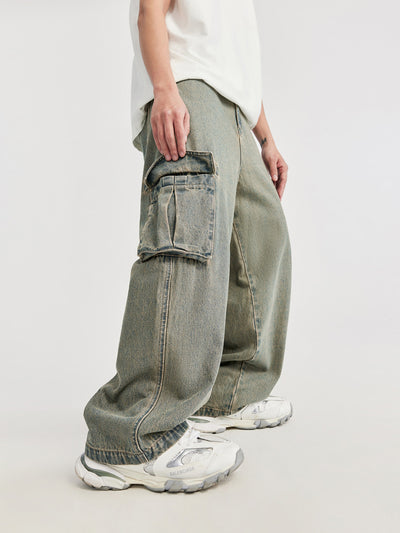 F3F Select Street Washed Old Mud Dyed Large Pockets Work Cargo Jeans