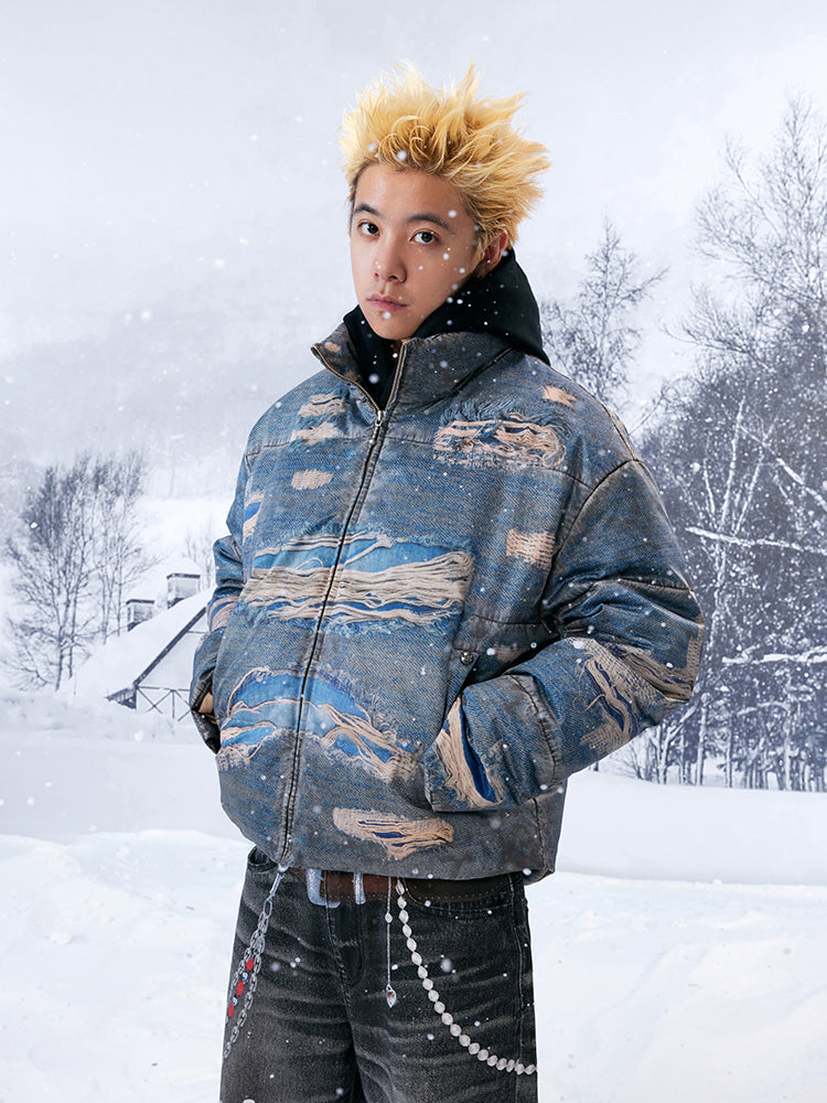 YADcrew Ragged Oil Denim Printed Down Jacket | Face 3 Face