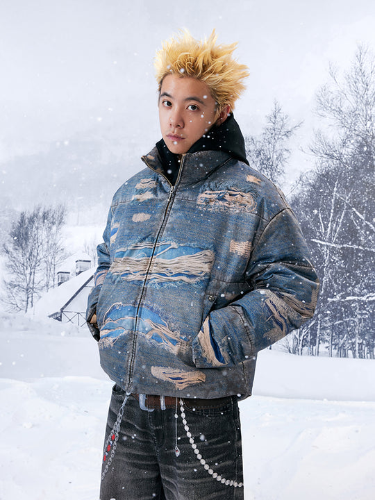 YADcrew Ragged Oil Denim Printed Down Jacket | Face 3 Face
