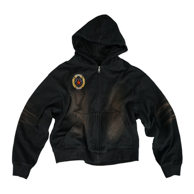 ANTIDOTE Washed Distressed Embroidery Badge Zip Up Hoodie | Face 3 Face