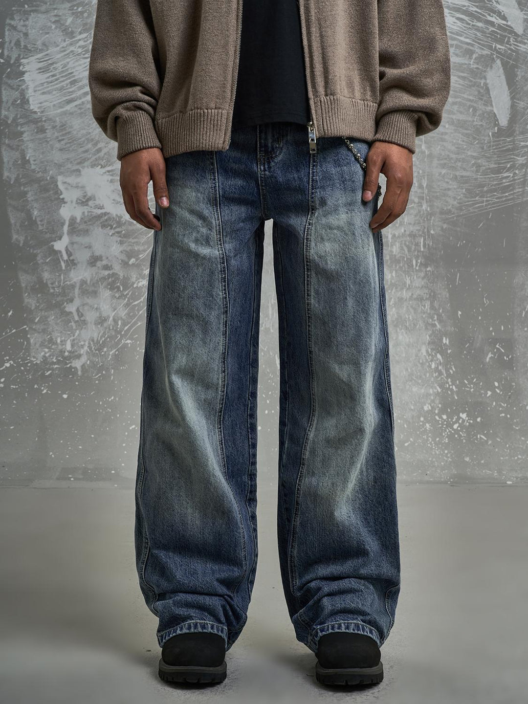 F3F Select Washed Blue Relaxed Fit Vertical Cut Jeans | Face 3 Face