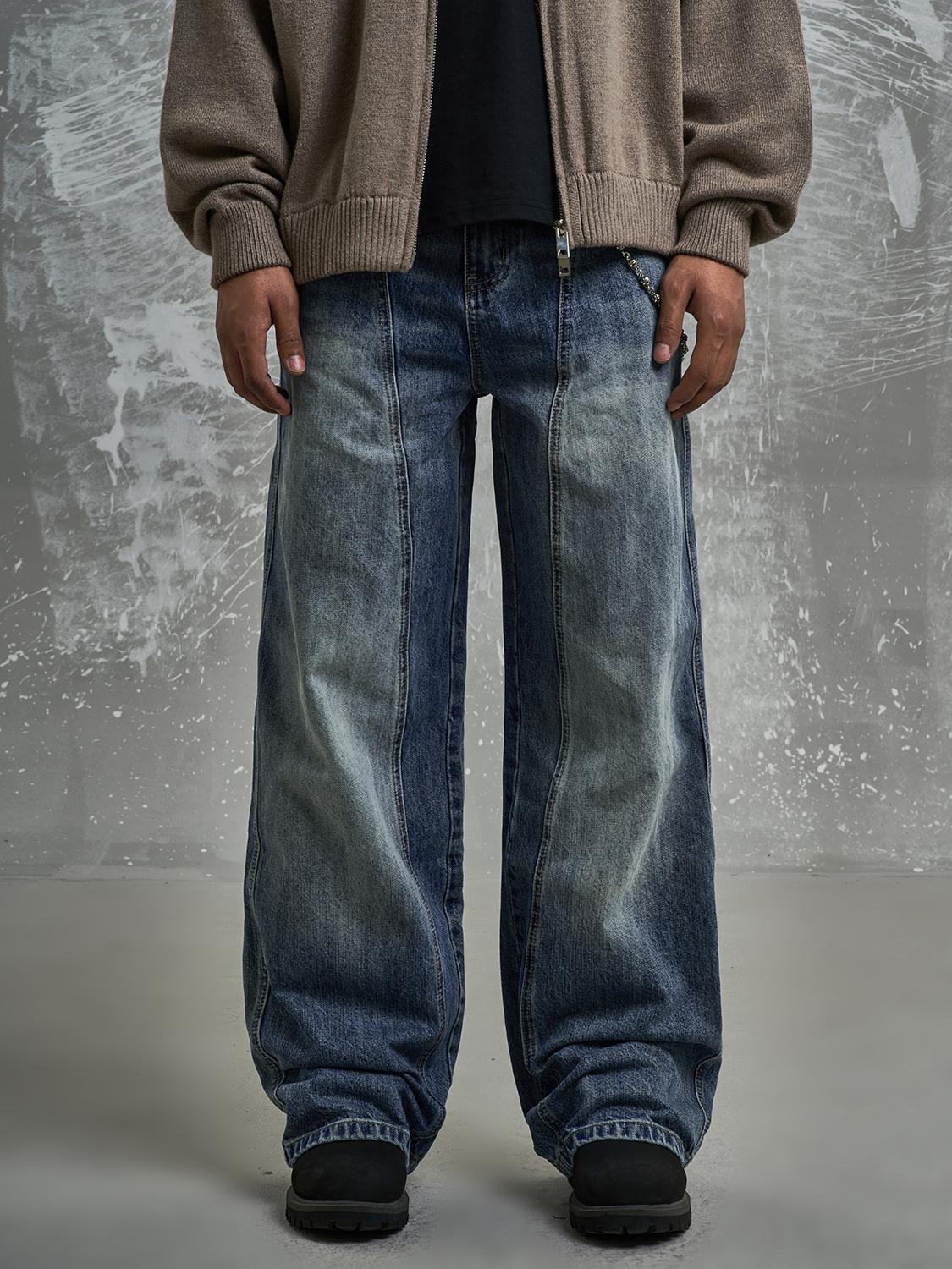 F3F Select Washed Blue Relaxed Fit Vertical Cut Jeans | Face 3 Face