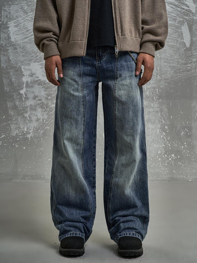 F3F Select Washed Blue Relaxed Fit Vertical Cut Jeans | Face 3 Face