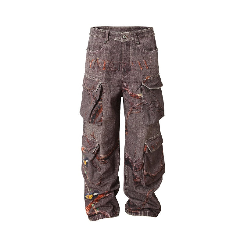 YADcrew Autumn Forest Tree Branch Print Baggy Cargo Jeans | Face 3 Face