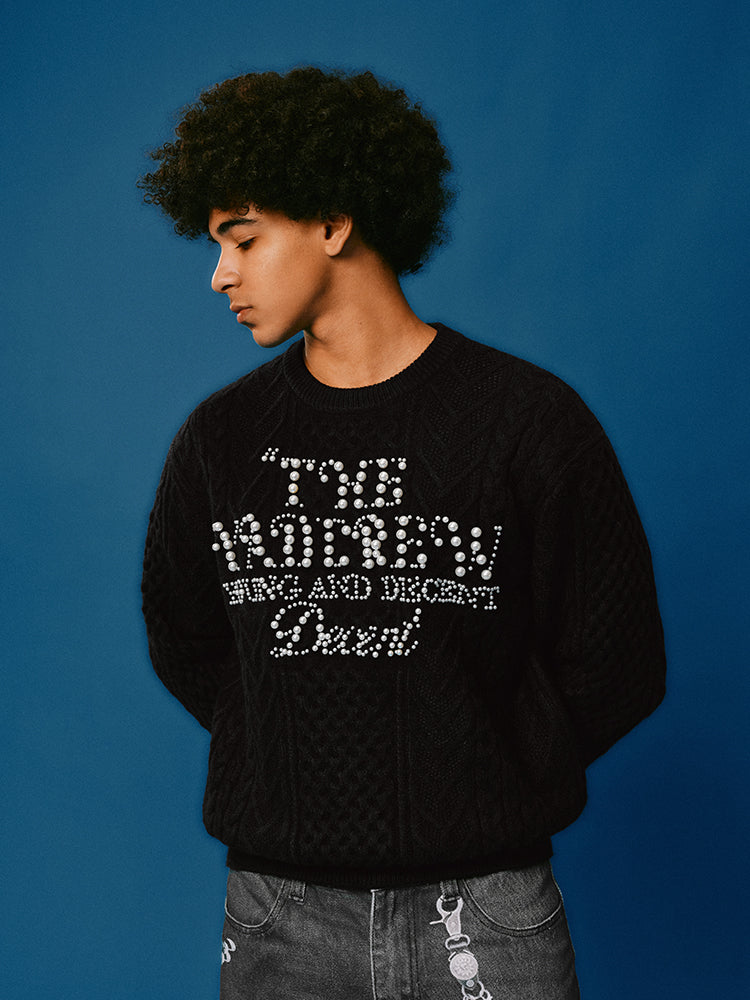 YADcrew Pearl Text Typography Knit Sweater | Face 3 Face