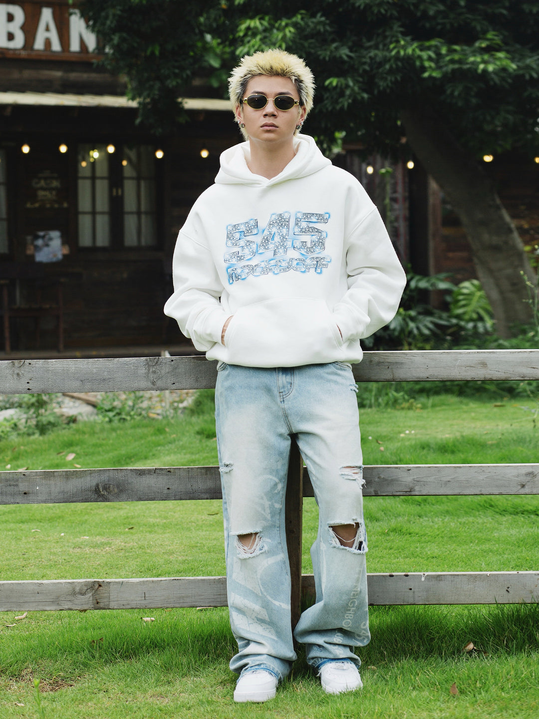 S45 Ice Blue Full Diamond Print Logo Hoodie | Face 3 Face