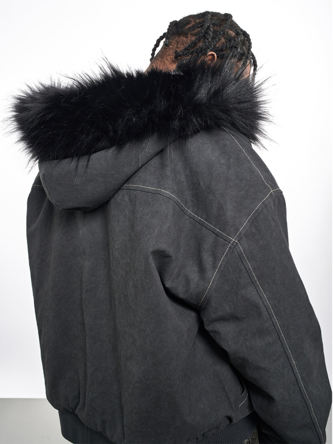 F3F Select Washed Deconstruction Fur Hooded Bomber Jacket | Face 3 Face