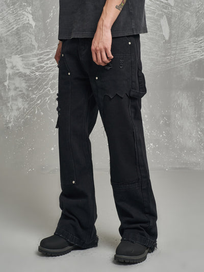 F3F Select Black Rivets Frayed Double Knee Jeans | Face 3 Face