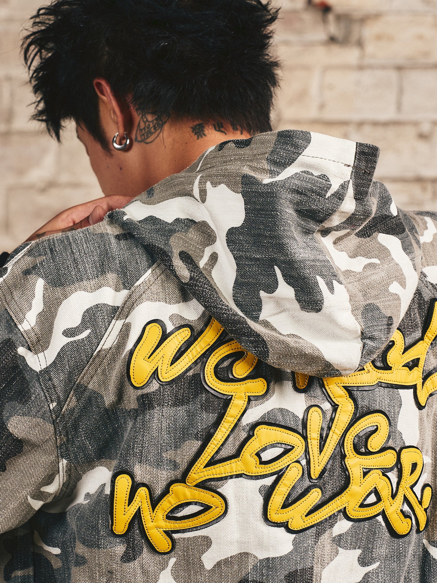 S45 Camouflage Slogan Patch Leather Hooded Jacket | Face 3 Face