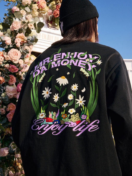 MEDM Embroidered Flowers Letters Long Sleeved Tee