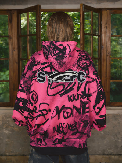 STEEPC Pink Graffiti Drop Shoulder Zip Hoodie | Face 3 Face