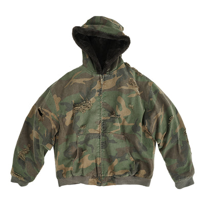 ANTIDOTE Fur Hooded Hole Washed Camouflage Jacket | Face 3 Face