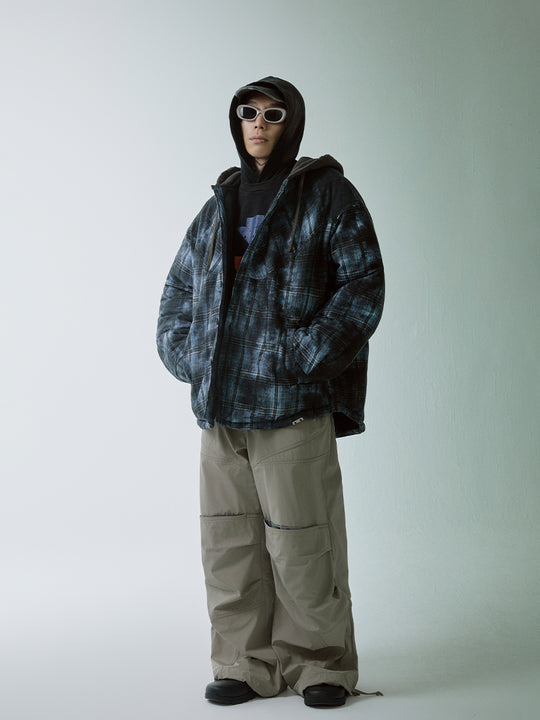 F2CE Hooded Overlay Old Plaid Quilting Shirt Jacket | Face 3 Face