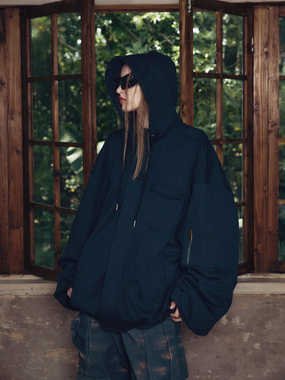 STEEPC Loose Navy Blue Zip Up Hooded Sweatshirt Jacket | Face 3 Face