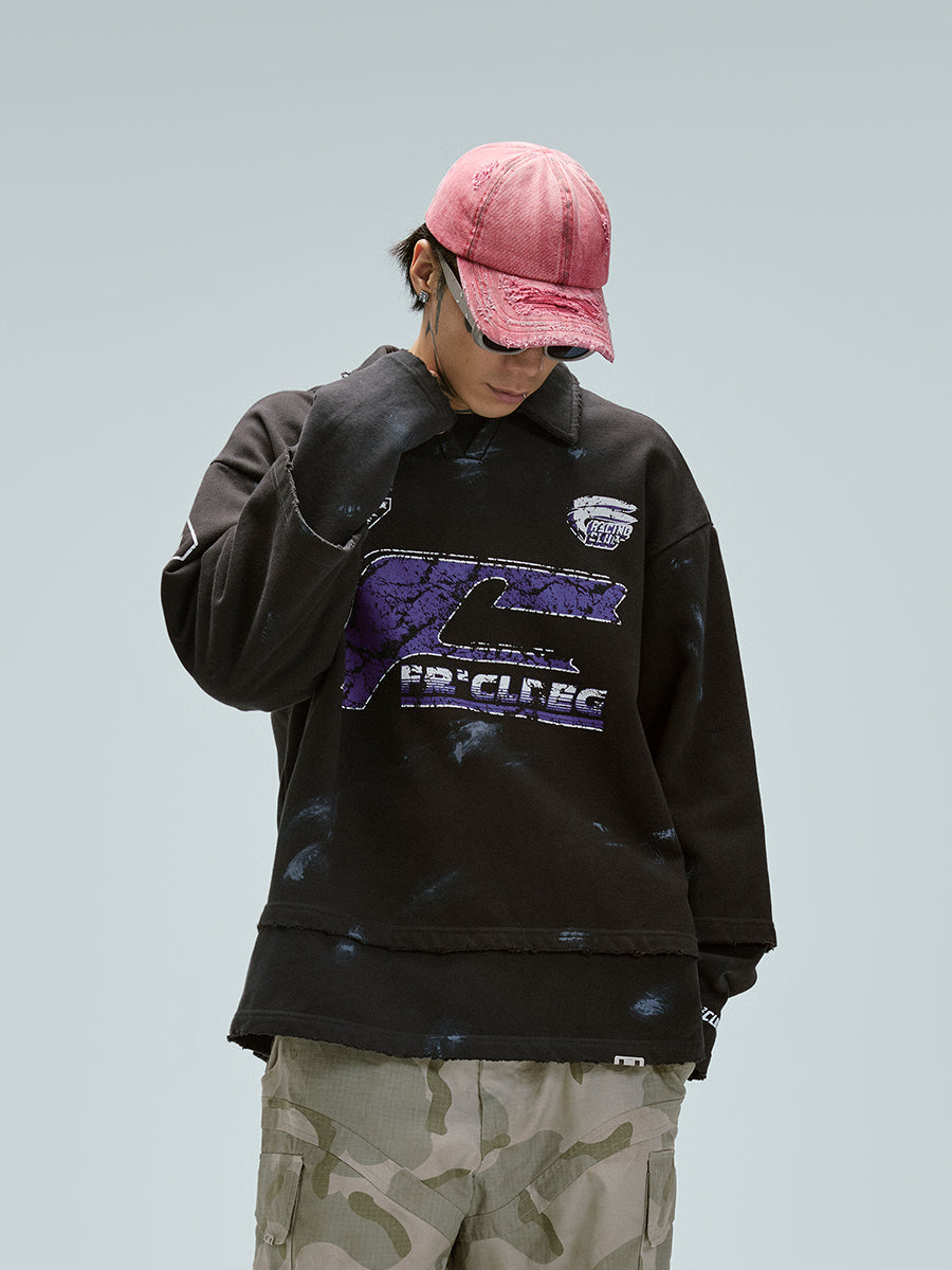 F2CE Fake Two Piece Frayed Overlay Racing Polo Sweatshirt | Face 3 Face