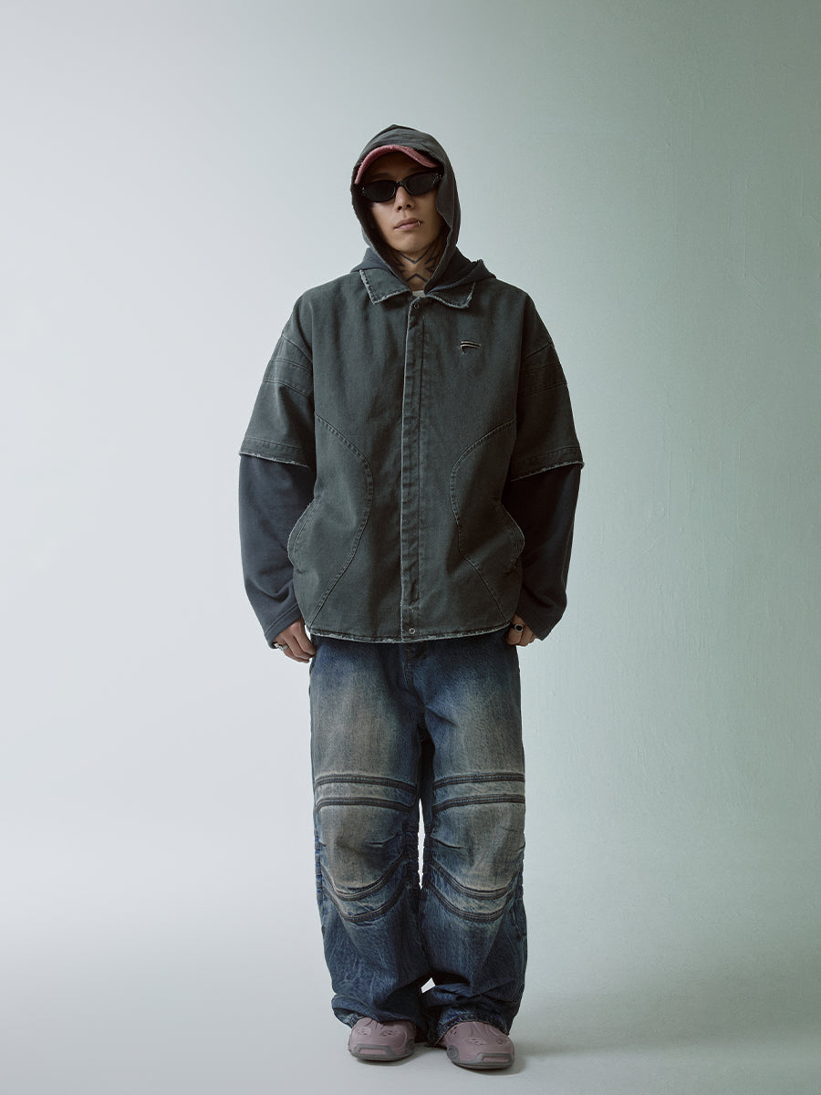 F2CE Multi Layer Hooded Washed Shirt Jacket | Face 3 Face