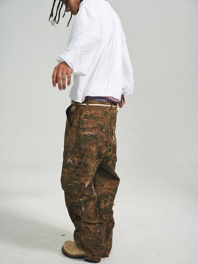 STEEPC Green Camouflage Ink Splattered Baggy Cargo Pants | Face 3 Face