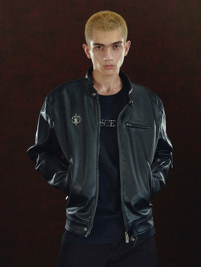 DICETINY Metal Logo Racing Leather Jacket | Face 3 Face