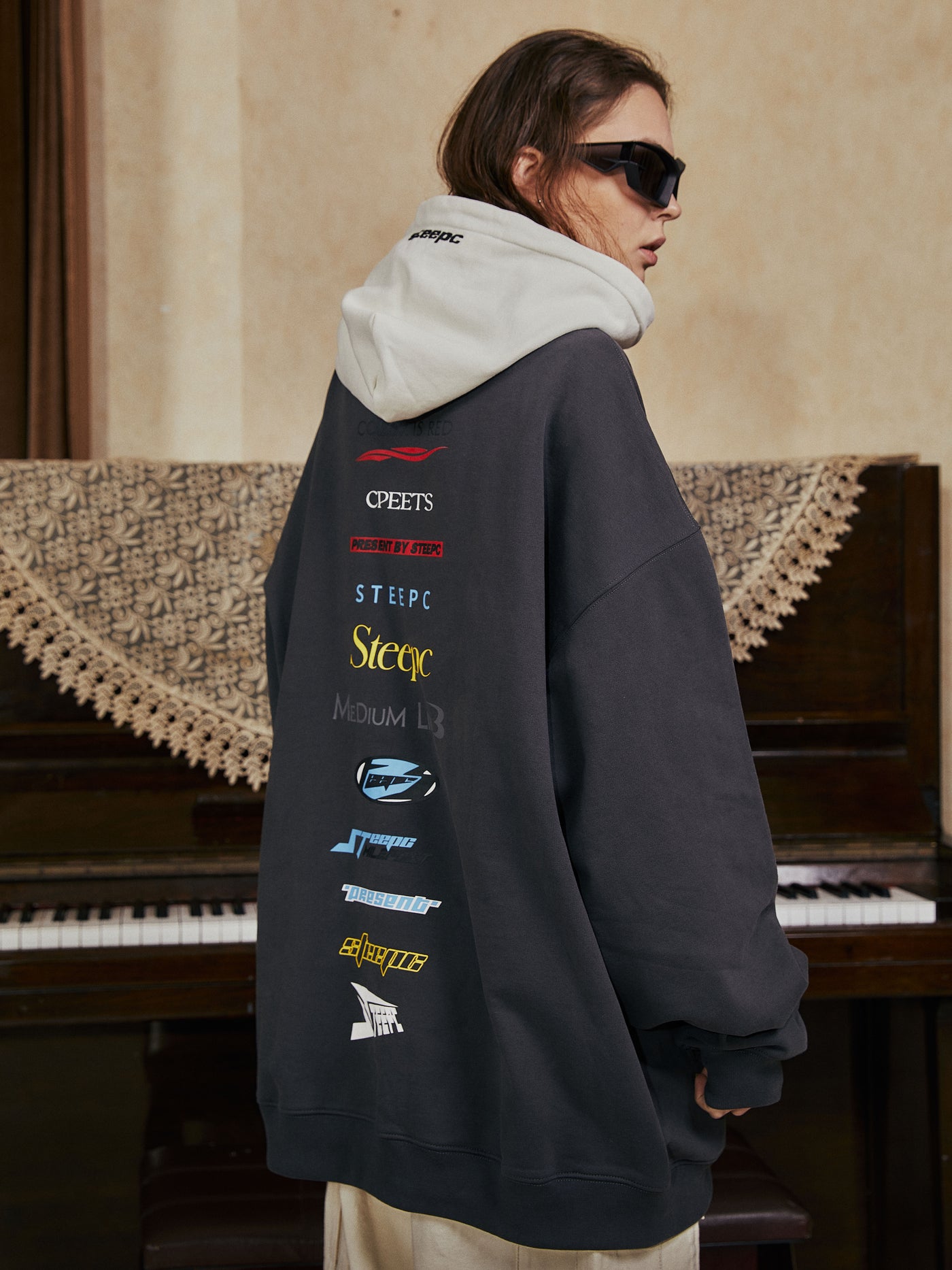 STEEPC Patchwork Turtleneck Two Tone Logo Print Hoodie | Face 3 Face