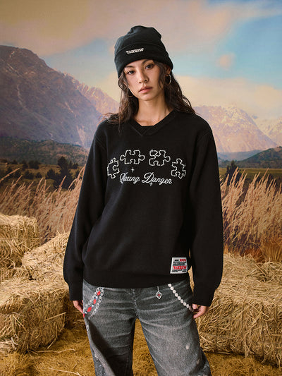 YADcrew Puzzle Pearl Jacquard Slogan Knit Sweater | Face 3 Face